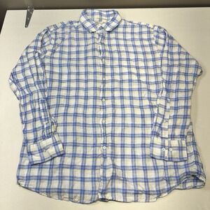 Peter Millar 100% Linen Shirt‎ Men's XL Blue Plaid Button Up Pocket Long Sleeve